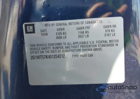 2009 Chevrolet Impala Lt from USA, damaged, VIN 2G1WT57K491254312